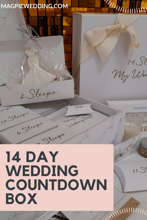 Wedding Planning Countdown Box For Your Wedding Day. #magpiewedding Wedding Countdown Gifts The Bride, 6 Months To Go Wedding Countdown, Wedding Advent Calender, Bride Countdown, 5 Days To Go Countdown Wedding, Wedding Countdown Gifts, Wedding Countdown Ideas, Countdown Gifts, Advent Calenders