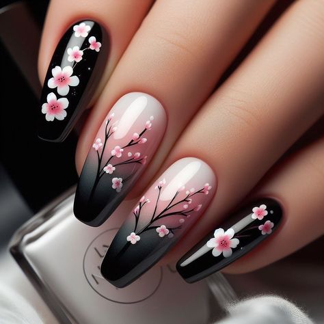 Black Nails With Cherry Blossom, Flowers On Black Nails, Blossom Nail Art Designs, Nail Designs Cherry Blossom, Spring Nail Designs 2024, Japanese Cherry Blossom Nails, Nails Cherry Blossom, Black Spring Nails, Cherry Blossom Nails Design