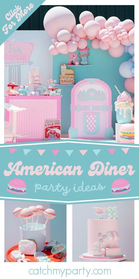 Don't miss this fantastic American diner-themed birthday party! The burger cake pops are so cute! See more party ideas and share yours at CatchMyParty.com 50s Diner Birthday Party, Diner Themed Birthday Party, Diner Birthday Party Ideas, Diner Theme Party, Diner Birthday Party, Dinner Birthday Party, Dinner Party Birthday, Burger Cake, Diner Party