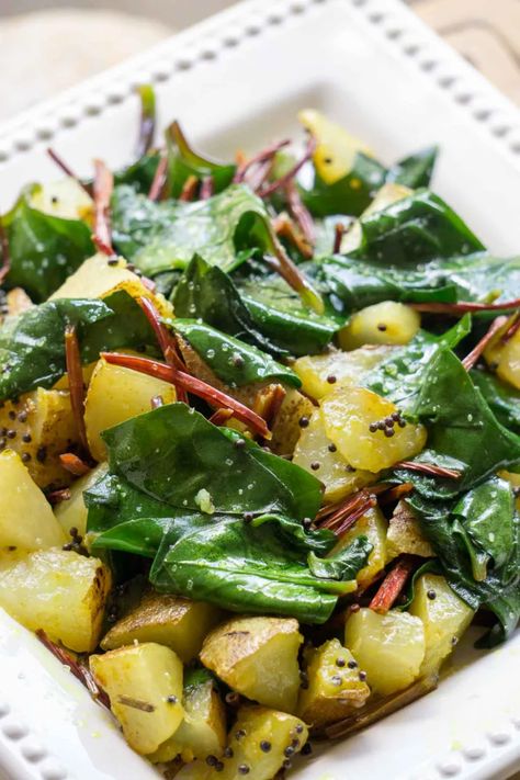 MALABAR SPINACH AND POTATO STIR-FRY Malabar Spinach Recipes, Spinach And Potato Recipes, Malabar Spinach, Spinach Salad Recipes, Raw Spinach, Spinach Recipes, Garden Recipes, Mixed Vegetables, Side Recipes