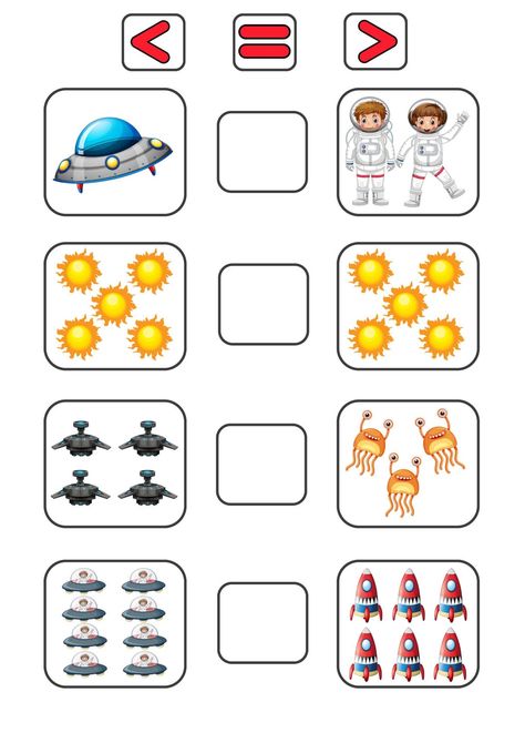 Comparing Numbers Kindergarten, More Than Less Than, Comparing Numbers Worksheet, Mathematical Thinking, Space Objects, Kindergarten Math Worksheets Addition, Preschool Math Games, Mathematics Activities, Math Kindergarten