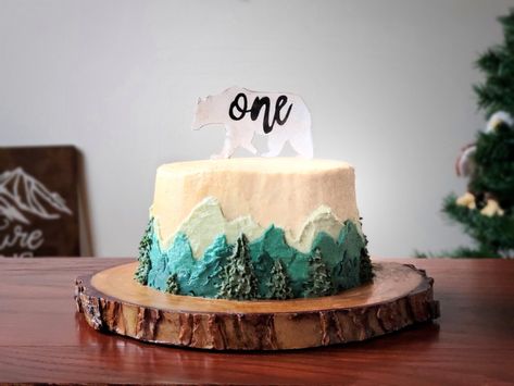 Mountain Theme Cake Smash, Mountain Smash Cake, Hunting First Birthday Cake, Camping Themed Smash Cake, Smash Cake One Happy Camper, Camping Cake Smash, Camping First Birthday Cake, One Happy Camper First Birthday Cake Smash, Camping Smash Cake