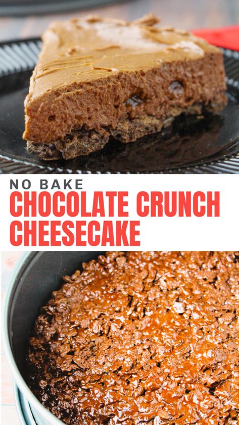 Satisfy all your chocolate cravings with this no-fuss and no-bake Chocolate Crunch Cheesecake. A crunchy chocolate cereal base all topped off with a luscious  chocolate cheesecake filling. Chocolate Crunch Cheesecake, Captain Crunch Cheesecake, Crunch Chocolate Cheesecake, Cinnamon Toast Crunch Cheesecake Recipe, Crunchie Cheesecake, Mini Apple Cheesecake, Toffee Crunch Cheesecake, Crunch Cheesecake, Pebbles Cereal