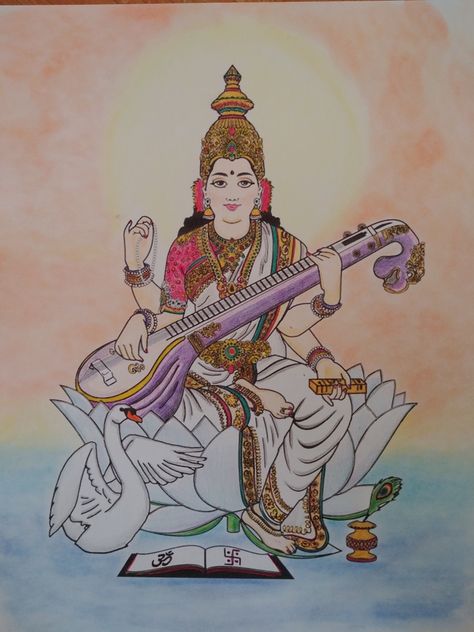 Saraswati - Goddess of the arts, music, and knowlege. Saraswati Goddess Drawing Easy, Saraswati Devi Sketch, Saraswati Painting Easy, Saraswati Goddess Paintings Easy, Saraswati Goddess Paintings Abstract, Saraswati Goddess Sketch, Saraswati Goddess Paintings Sketch, Saraswati Goddess Drawing, Saraswati Devi Drawing