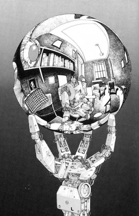 Robot with Reflecting Sphere: Escher Remake Escher Hands, Otomo Katsuhiro, Katsuhiro Otomo, M C Escher, Mc Escher, Arte Cyberpunk, Art Parody, Manga Artist, Art Et Illustration