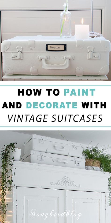 Painting vintage suitcases is easy with these five steps. And then you have some great decorating and storage possibilities with your painted suitcases Painted Old Suitcases, Diy Vintage Suitcase, Painted Vintage Suitcase Ideas, Painting Vintage Suitcases, Repurpose Luggage Old Suitcases, Vintage Suitcase Decor, Bohemian Style Interior Design, Painted Suitcase, Suitcase Decor