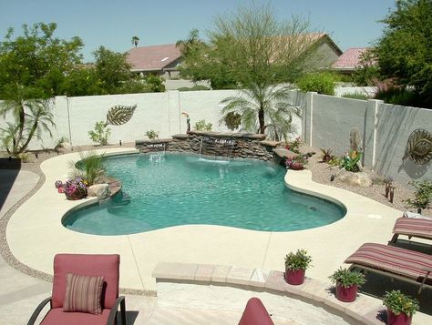 Custom Freeform Pool in Tempe A sheer descent waterfall is a lovely extra to this custom designed free form pool. Free Form Pool Designs, Free Form Pools, Free Form Pools With Tanning Ledge, Freeform Pool Designs With Tanning Ledge, Modern Freeform Pool, Freeform Pool With Waterfall, Freeform Pool Designs, Arizona Backyard Landscaping, Small Pools Backyard