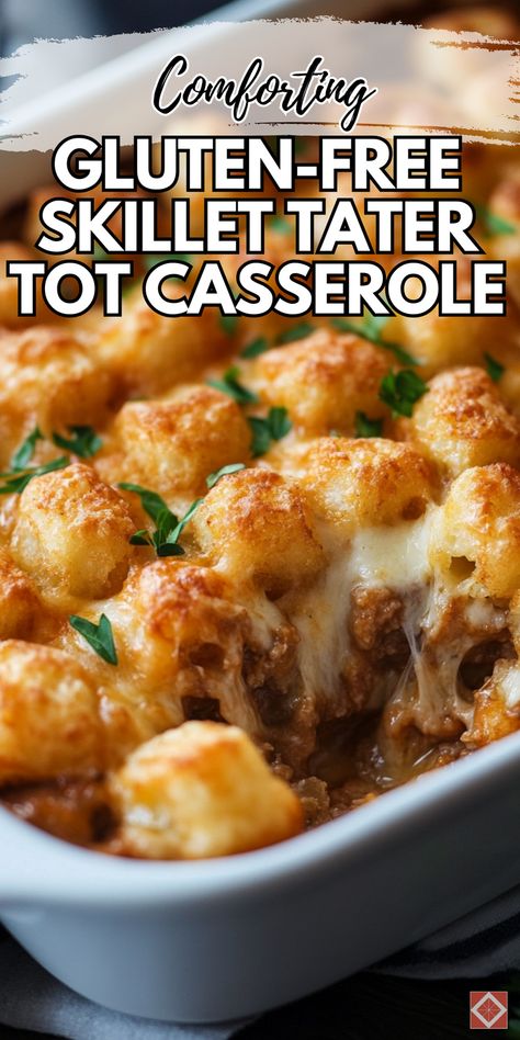 Discover a comforting gluten-free skillet tater tot casserole recipe without soup. Ideal for your food recipes collection, this dish uses fresh ingredients to create a delicious and wholesome meal. Save this pin and click for detailed instructions and tips. Enjoy a tasty and healthy casserole that's perfect for family dinners. Gluten Dairy Free Tator Tot Casserole, Tater Tot Casserole No Cheese, Tater Tot Casserole Without Soup, Gluten Free Dinner Casserole, Gluten Free Casserole Recipes For Dinner, Gluten Free Tater Tot Casserole, Dairy Free Tater Tot Casserole, Gluten Free Quick Meals, Casseroles That Freeze Well