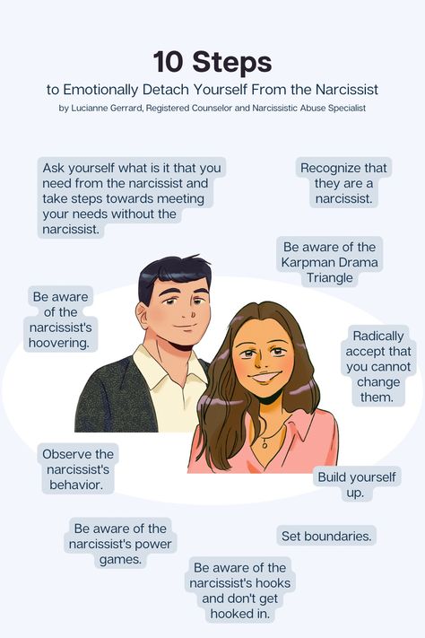 An infographic about the 10 steps that you can take to safely emotionally detach yourself from a narcissist. Detachment Pictures, How To Slowly Detach From Someone, How To Detach Yourself From Someone, How To Emotionally Detach, How To Get Detached From Someone, How To Detach From Someone, How To Detach From Someone You Love, How To Detach Emotionally, Emotionally Detaching