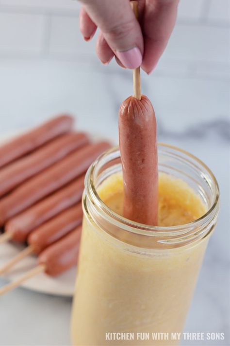 Hot Dog On A Stick Batter Recipe, Hot Dog On A Stick Recipe, Hot Dog Wiener Recipes, Hot Dog Weenie Recipes, Recipes With Weiners, Beef Hotdogs Recipe, Hot Dog Lunch Ideas For Kids, Things To Make With Hot Dogs, What To Do With Hot Dogs