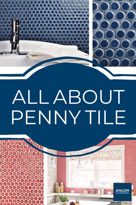 Penny Stone Tile Bathroom, Penny Tile Shower Floor Ideas, Penny Tile Fireplace Surround, Blue Penny Tile Backsplash, Penny Tile Bathroom Floor Ideas, Penny Tile Bathrooms, Penny Tile Backsplash Kitchen, Round Tile Backsplash, Blue Penny Tile Bathroom