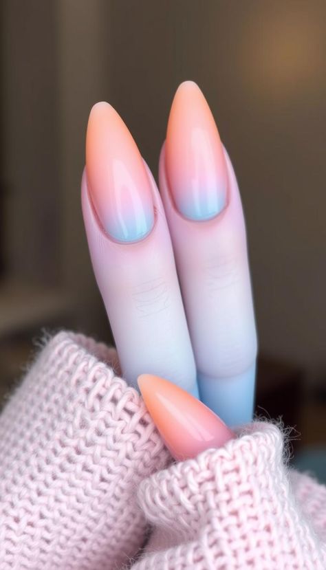 Ombre peach to blue tips on a French base for a sweet and charming design 🌸 #PeachOmbre #BlueNails Peach Ombre Nails, Sunset Ombre Nails, Sunset Ombre, Blue Tips, Nail Arts, Blue Ombre, Ombre Nails, Blue Nails, Nail Art