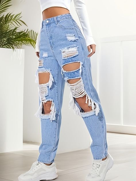 Street Style Denim, Cute Ripped Jeans, Ripped Jeans Style, Blue Jean Outfits, Women's Denim Jeans, Types Of Jeans, Fashion Top Outfits, Quick Outfits, Cute Everyday Outfits