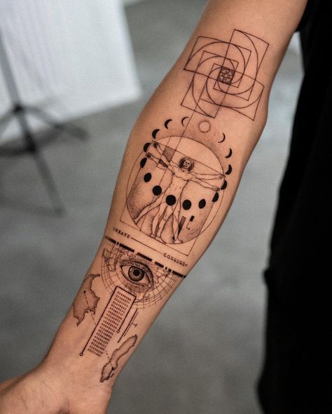 Pierre Midi on Instagram: “• CREATE • A classic based on the Vitruvian man to illustrate my customer’s roots and believes __ #tattooing #tattooart #davincitattoos…” Binary Tattoo, Vitruvian Man Tattoo, 01 Tattoo, Geometric Tattoo Leg, Geometric Tattoo Sleeve Designs, Tato Geometris, Mangas Tattoo, Moon Phases Tattoo, Geometric Sleeve Tattoo