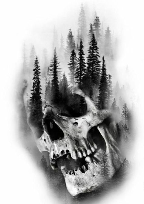 Skull And Forest Tattoo, Forest Tattoo Design Drawing, Skull Forest Tattoo, Dark Forest Tattoo, Wörter Tattoos, Evil Skull Tattoo, Black Skull Tattoo, Skull Sleeve Tattoos, Skull Art Drawing