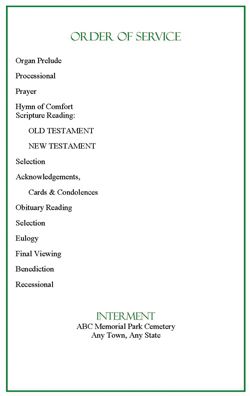 The order of service is very important in a funeral program.  It tells the events of the service and also list the people who will be participating.  It also has the scriptures, prayers and songs that will be used in the service.  Check out this article on how to write the order of service for more information. Memorial Service Program, Family Emergency Binder, Estate Planning Checklist, When Someone Dies, Family Emergency, Chair Exercises, Order Of Service, Scripture Reading, Memorial Service