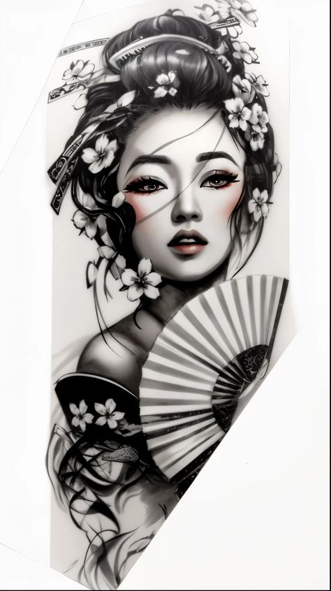 Full Sleeve Tattoo Japanese Style, Japanese Warrior Woman Tattoo, Asian Tattoos For Women Sleeve, Asian Lady Tattoo, Geisha Face Tattoo, Geisha Arm Tattoo, Japanese Geisha Tattoo Traditional, Japanese Face Tattoo, Japanese Tattoo Art Geisha