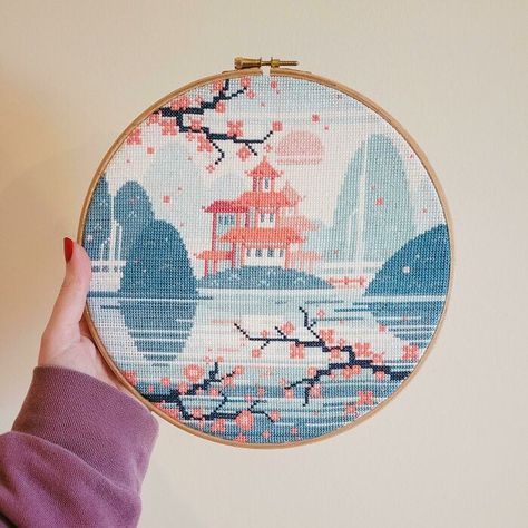 Japanese Pagoda, Hama Bead, Vaporwave Aesthetic, Pixel Pattern, Pixel Art Pattern, Thread Embroidery, Back Stitch, Embroidery Ideas, Stitching Art