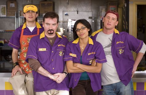 "Clerks II" cast photo, 2006.  L to R: Trevor Fehrman, Brian O'Halloran, Rosario Dawson, Jeff Anderson. View Askewniverse, Jeff Anderson, Happy Founders Day, Silent Bob, Rosario Dawson, Founders Day, Making A Movie, Work Uniforms, Comedy Tv