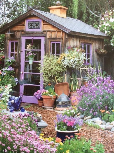 Garden Shed Kits, Cottage Garden Sheds, Shabby Chic Garden, Backyard Sheds, Purple Garden, English Cottage Garden, Potting Sheds, She Sheds, Shed Design