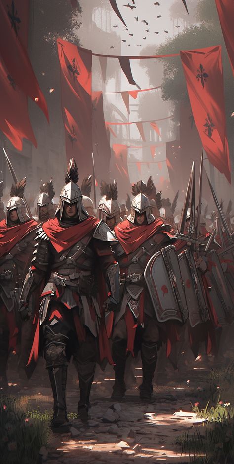 Fantasy Kings Guard, Fantasy Army Concept Art, Red Armor Art, Dnd Army, Army Fantasy Art, Fantasy Soldier, Fantasy Army, Kings Guard, Ezio Auditore