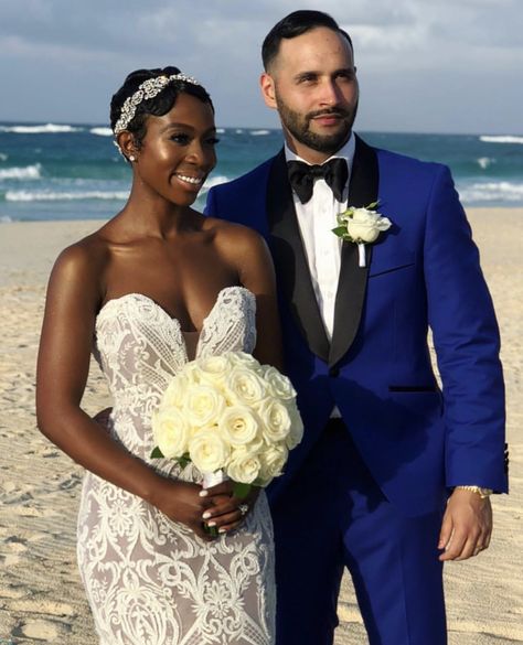 Tuxedo Man, Short Hair Bride, Interracial Wedding, Interracial Couple, Wedding Tuxedo, Munaluchi Bride, Black Bride, Short Wedding Hair, Brides Magazine