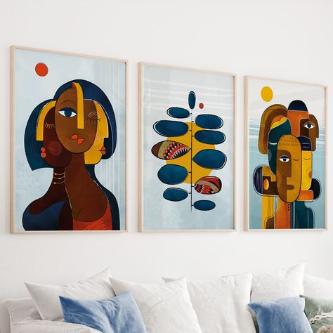 Large Gallery Wall, African American Wall Art, African Wall Art, Colorful Palette, Above Bed Decor, Dining Room Wall Decor, Art Set Of 3, Abstract Portrait, African American Art