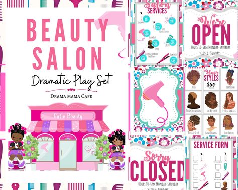 This is a fun and educational pretend play set that allows kids to practice their social skills and imagination. It includes everything they need to create their own salon, including a variety of printable templates, props, and instructions. The set is perfect for classrooms or at home, and it's sure to provide hours of.#HairInspo #ClipartCuts #HairstyleGraphics #HairArtDesigns #ClipartTrends Salon Pretend Play, Hair Styles For Men, Playhouse Makeover, Kids Salon, Add Kids, Supply Labels, Diverse Books, Kids Classroom, Play Centre