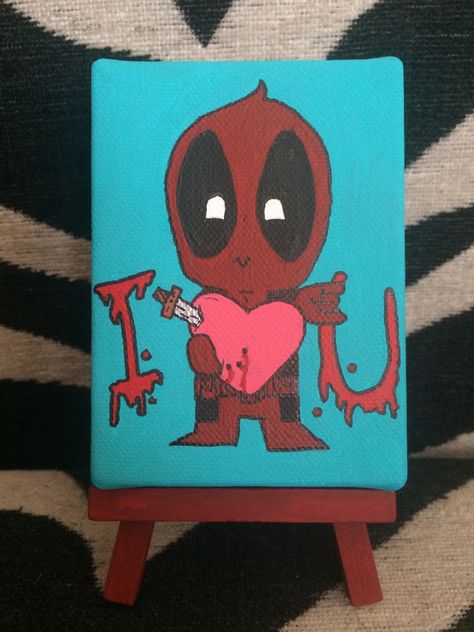 Chibi deadpool i love you mini canvas painting Deadpool Painting, Chibi Deadpool, Deadpool Fan Art, Marvel Canvas, Deadpool Artwork, Marvel Paintings, Painting Canvases, Cute Canvas Paintings, Cartoon Painting