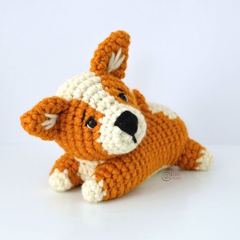 Milo the Baby Corgi Free Crochet Pattern By Elisa's Crochet Corgi Crochet, Corgi Plush, Baby Corgi, Large Eyes, Little Puppies, Straight Stitch, Crochet Hook Sizes, White Embroidery, Pattern Free