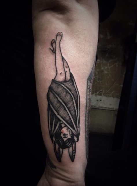 Bat girl by Lauren Vandevier @ Voodoo Monkey Tattoo, Cleveland, OH Bat Lady Tattoo, Hanging Bat Tattoo, Bat Tattoo Hanging, Black Work Bat Tattoo, Illustrative Bat Tattoo, Monkey Tattoo, Monkey Tattoos, Bat Girl, Bat Tattoo