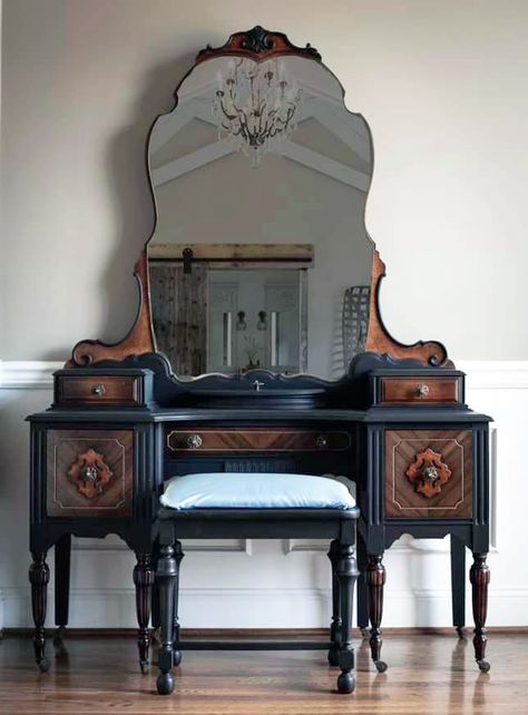 "Painted in General Finishes Lamp Black and sealed in Flat Out Flat. The wood was beautiful so I cleaned it up and wow! New pulls completed the look. I loved the way this turned out." Bedroom Vanity Ideas, Antique Commode, Furniture Repurposing, Vintage Bedroom Furniture, Vanity Makeover, Furniture Black, Fun Furniture, Furniture Flips, Refinished Furniture