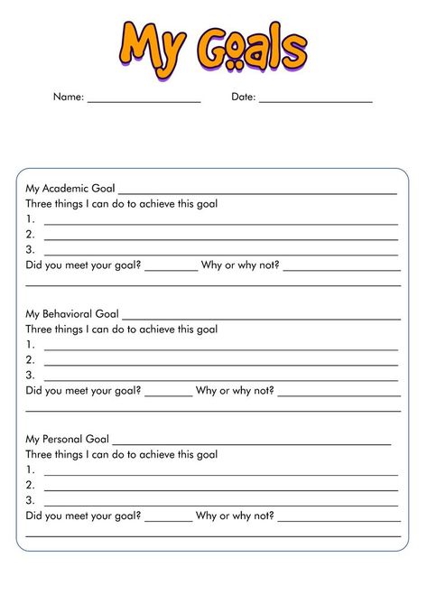 Use this worksheet to help middle school students set achievable and realistic academic and personal goals for the school year. Encourage your middle school students to fill out this worksheet as a way to stay focused and motivated throughout the school year. Support your students in reflecting on their progress and adjusting their goals as needed to stay on track. #GoalSetting #MiddleSchoolSuccess #StudentLife #middleschoolstudent Homeroom Activities, Goals For The School Year, Class Procedures, Smart Goals Worksheet, Goal Setting For Students, Student Worksheet, Middle School Counseling, Homeschool Worksheets, Organized Teachers