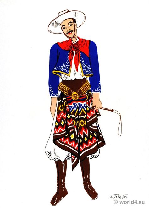 Traditional Gaucho costume, Argentina. Argentina Fashion, Peasant Art, Oc Family, Mardi Gras Costumes, Paper Cut Design, East Europe, Dress Up Costumes, Traditional Clothes, Folk Costume