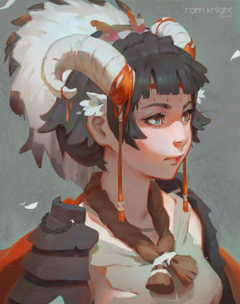 Ram by GUWEIZ on DeviantArt Fantasy Horns, Krenz Cushart, Anime Study, Arte 8 Bits, Female Fighter, Color Study, Dnd Art, Arte Sketchbook, Color Studies