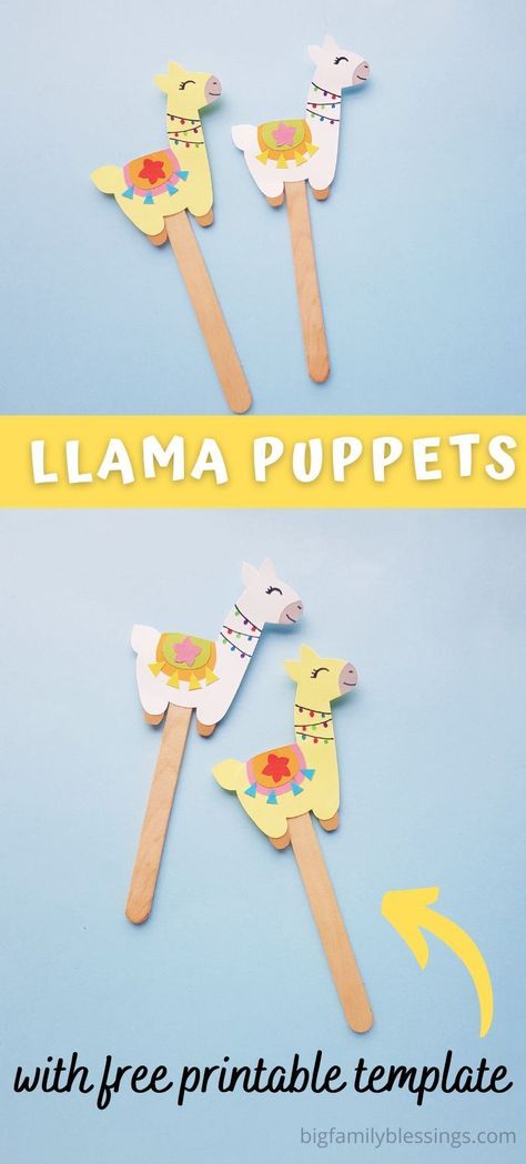 Llama puppets popsicle stick craft for kids with free printable template. Llama Popsicle Stick Craft, Lama Crafts For Preschool, Lama Printable Free, Llama Template Printable Free, Llama Preschool Craft, Is Your Mama A Llama Activities, Llama Llama Time To Share Activities, Llama Crafts For Preschoolers, Llama Llama Mad At Mama Activities