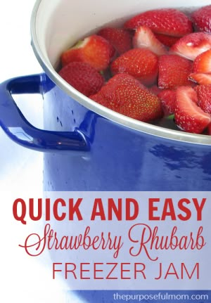 Make this quick and easy strawberry rhubarb freezer jam! Just three ingredients (and no pectin necessary!). Even the kids can help make this delicious recipe.