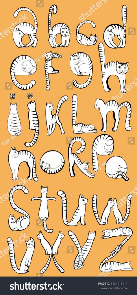 beautiful, unusual cat alphabet, letters in the form of graphic white funny cats in different poses, on an orange background Funny Alphabet Letters, Cat Letters Alphabet, Cat Fonts Alphabet, Cat Letters, Cat Font, Cat Alphabet, Illustrated Alphabet, Wallpaper Letter, Watercolor Beginner