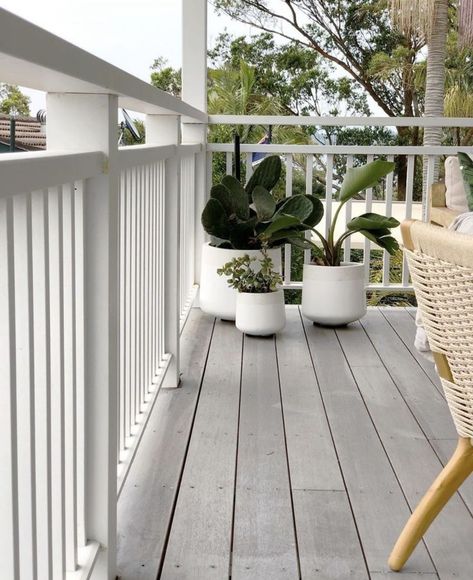 Use the Deck & Exterior Stain in Beach House Grey  to recreate this look! Coastal Decks Beach Houses, Beach Deck Ideas, Grey Pool Decking, Coastal Deck Ideas, Coastal Deck Railing, Grey Beach House Exterior, Light Grey Deck, White Stained Deck, Timber Decking Ideas Outdoor