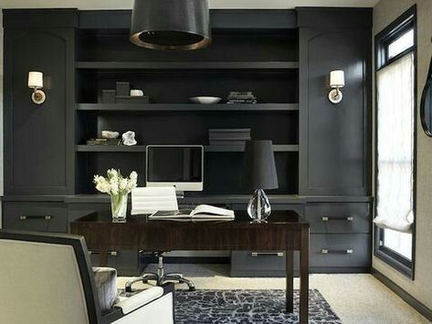 Built-ins with black wood veneer Masculine Home Office, Home Office For Man, Desk Inspiration, Office Library, Office Designs, Built In Cabinets, Work Spaces, Home Office Space, Trendy Home