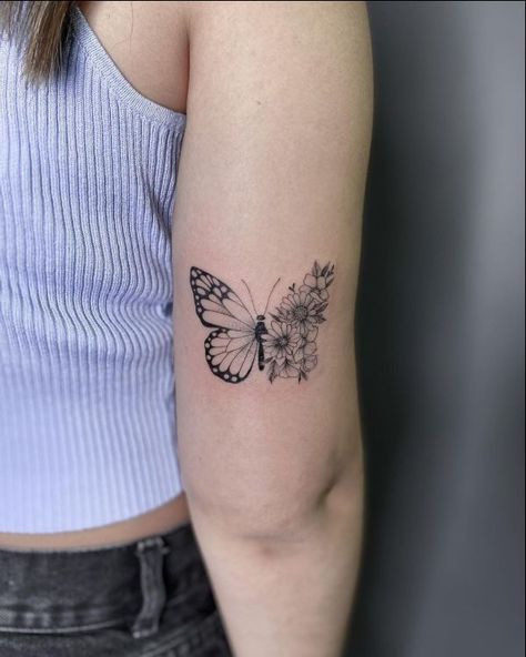 Butterfly With Carnation Tattoo, Butterfly Tattoo With Daisies, Half Butterfly Half Rose Tattoo, Butterfly Hummingbird Tattoo, Butterfly And Daisy Tattoo, Arm Tattoo Butterfly, Angel Butterfly Tattoo, Butterfly Sunflower Tattoo, Sunflower Butterfly Tattoo