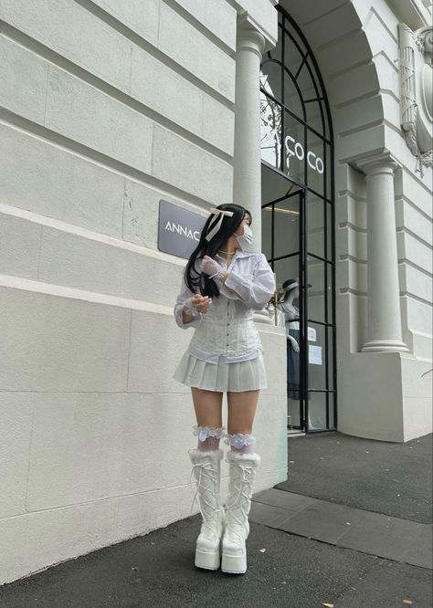 White Vampire Aesthetic Outfit, Snow Fairy Aesthetic Outfits, White Concert Outfit Kpop, Winter Fairy Aesthetic Outfits, Winter Fairy Coquette Outfits, White Vampire Outfit, Winter Fairy Outfit, Wide Calf Boots Outfit, White Concert Outfit