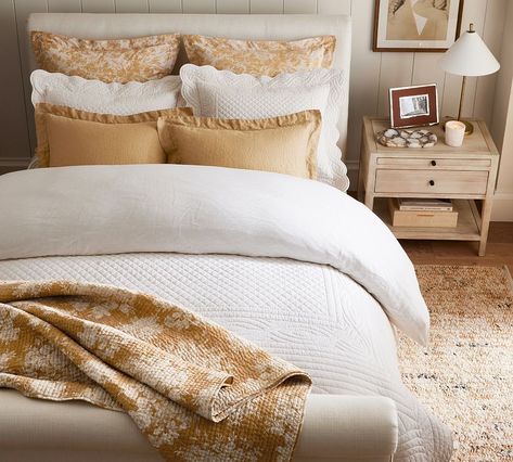 Get the Look: Golden Hour | Pottery Barn Scalloped Quilt, Toile Bedding, Bedroom Bliss, Harvest Gold, Fall Bedroom, Vintage Floral Design, Percale Sheets, Quilted Sham, Bedroom Refresh