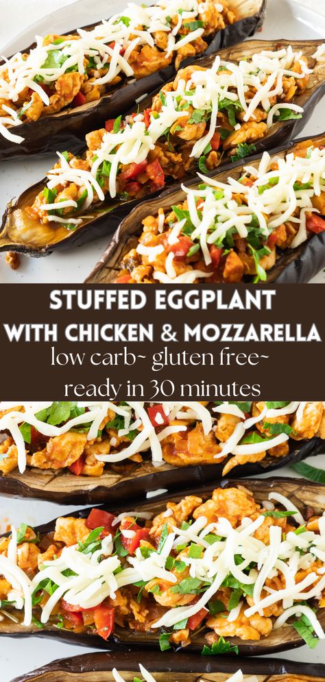 Stuffed Eggplant with Chicken and Mozzarella - Lauren Kelly Nutrition Chicken Stuffed Eggplant Recipes, Eggplant And Chicken Recipes, Stuffed Eggplant Recipes Meat, Chicken And Eggplant Recipes, Stuffed Eggplant Recipes, Chicken And Eggplant, Chicken And Mozzarella, Chicken Eggplant, Healthy Eggplant