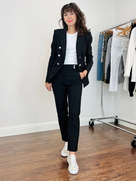 MY VERONICA BEARD BLAZERS REVIEW | ARE THEY WORTH IT? - Closet Choreography Dressy Sneakers Women, Blazer And Sneakers Outfit, Dressy Sneakers, Veronica Beard Blazer, Suits And Sneakers, Fashion Tennis Shoes, White Fashion Sneakers, Silk Joggers, Classic Capsule Wardrobe