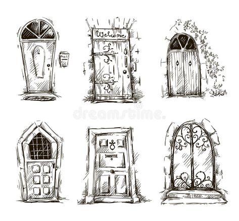 Cartoon Objects, Doodles Cartoon, Door Drawing, Vintage Doors, Architecture Drawing Art, Doors And Windows, Lukisan Cat Air, Vintage Door, Detailed Drawings