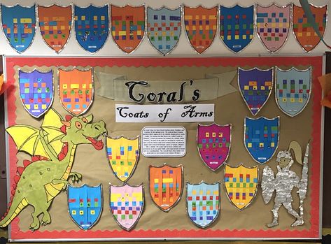 Coat of arms- Knights and castles topic display board- weaving paper- reception class Castles And Dragons Ks1, Knights And Castles Activities, Knights And Castles Topic Eyfs, Castles Eyfs, Castles Ks1, Knights And Castles Topic, Castle Theme Classroom, Castle Display, Castles Topic