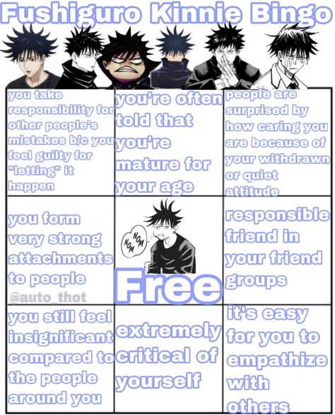 Kinnie Bingo Jujutsu Kaisen, Megumi Kinnie Bingo, Jjk Kinnie Bingo, Anime Kinnie, Kinnie Callouts, Kinnie List, My Kin List, Yu Narukami, Kinnie Bingo