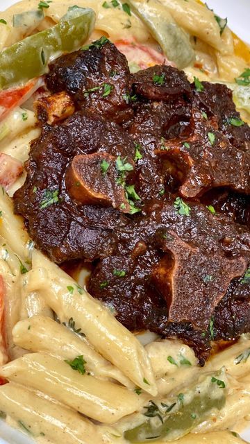 Oxtail Rasta Pasta Jamaican Recipe, Oxtail Pasta Recipe, Oxtail Spaghetti, Baked Oxtail Recipes, Rasta Pasta Jamaican, Rasta Pasta Recipe, Jamaican Recipe, Oxtail Recipe, Rasta Pasta