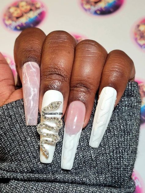 Marble Long Nails, 3d Nail Designs Acrylics, Snake Nails, Pedicure Art, Nail Charms Jewelry, Ongles Bling Bling, Graffiti Nails, Large Snake, Bling Nail Art